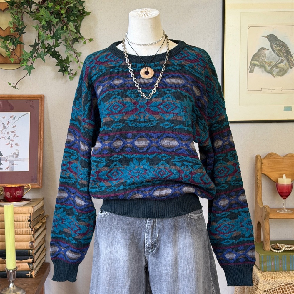 Vintage 90s Teal Geometric Wool Blend Sweater Medium Indie Grunge Granola